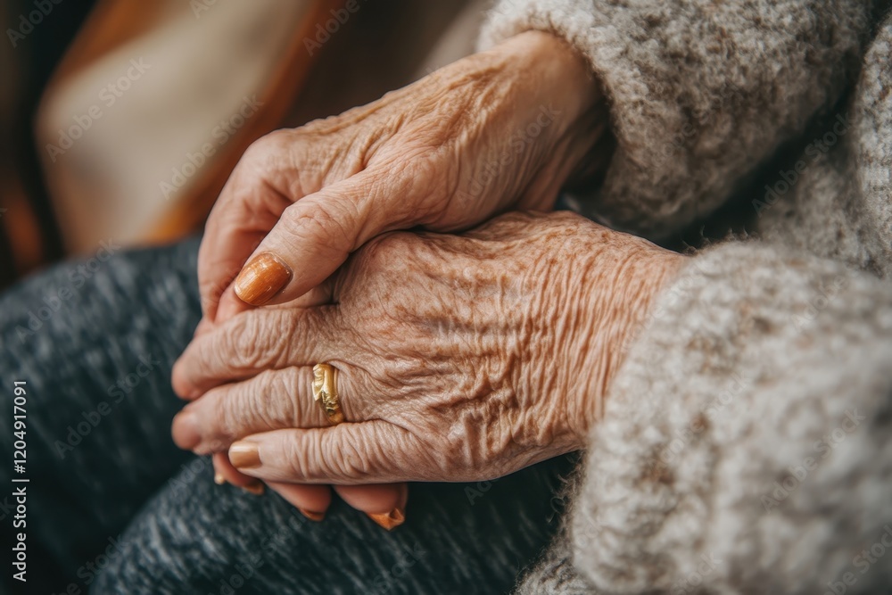 Fototapeta premium A close-up shot of a caregiver hands gently holding an elderly person hand symbolizing care, support and empathy in a healthcare setting