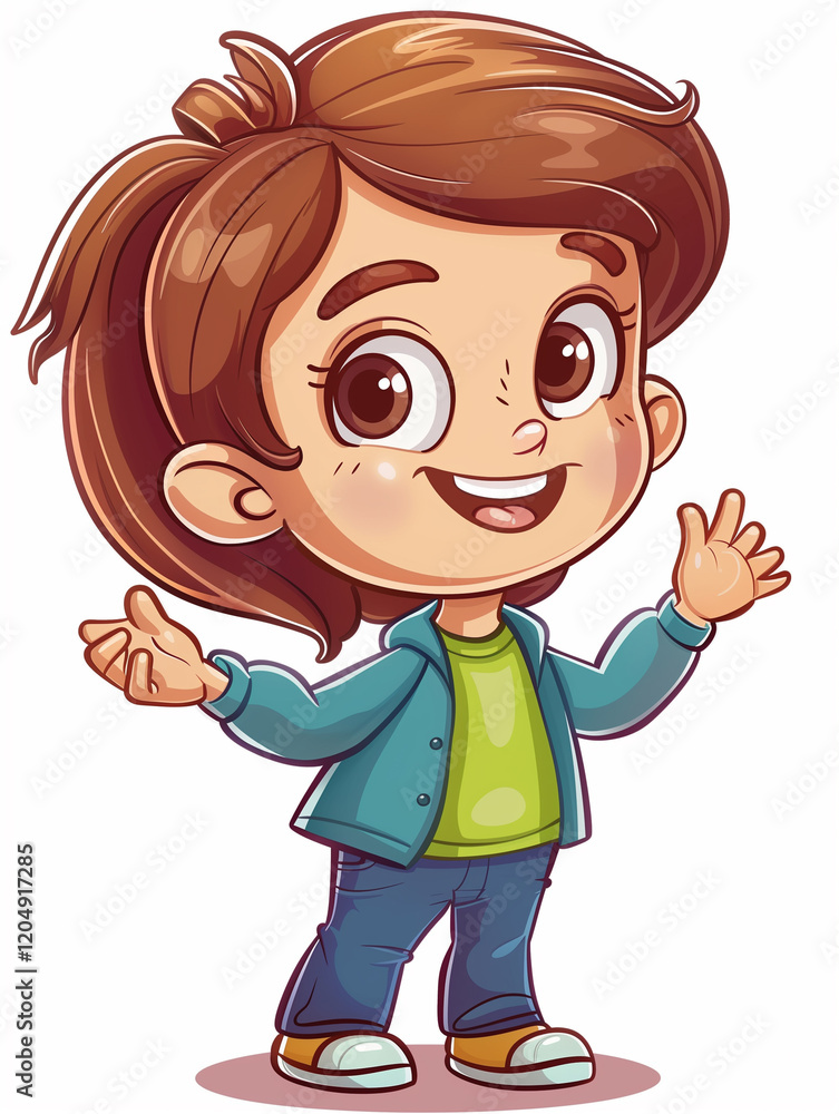 A cheerful animated character with brown hair and a green jacket, waving and smiling, perfect for childrens content or educational materials A cheerful animated character with brown hair and a green jacket, waving and smiling, perfect for childrens content or educational materials