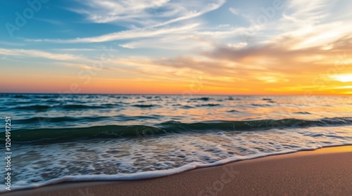 Beach sunset with dramatic clouds reflecting on the calm ocean waves