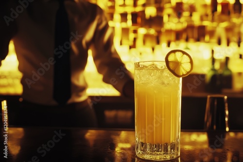 A Tom Collins being served by a bartender at an elegant lounge, with the drinks fizz visible  photo