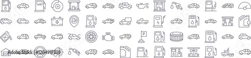 Set of Car, Gas Station, Road Related Line Icons. Outline Signs for Graphic and Web Design, Apps, Adverts, Various Cards