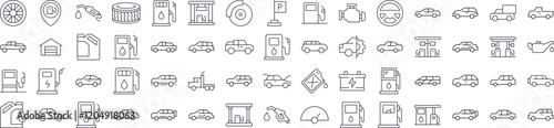 Car, Gas Station, Road Bundle of Related Line Icons. Outline Signs for Graphic and Web Design, Apps, Adverts, Various Cards