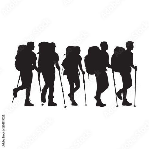 Set of silhouette of Hiking man. hikers with rucksacks and backpack silhouette.