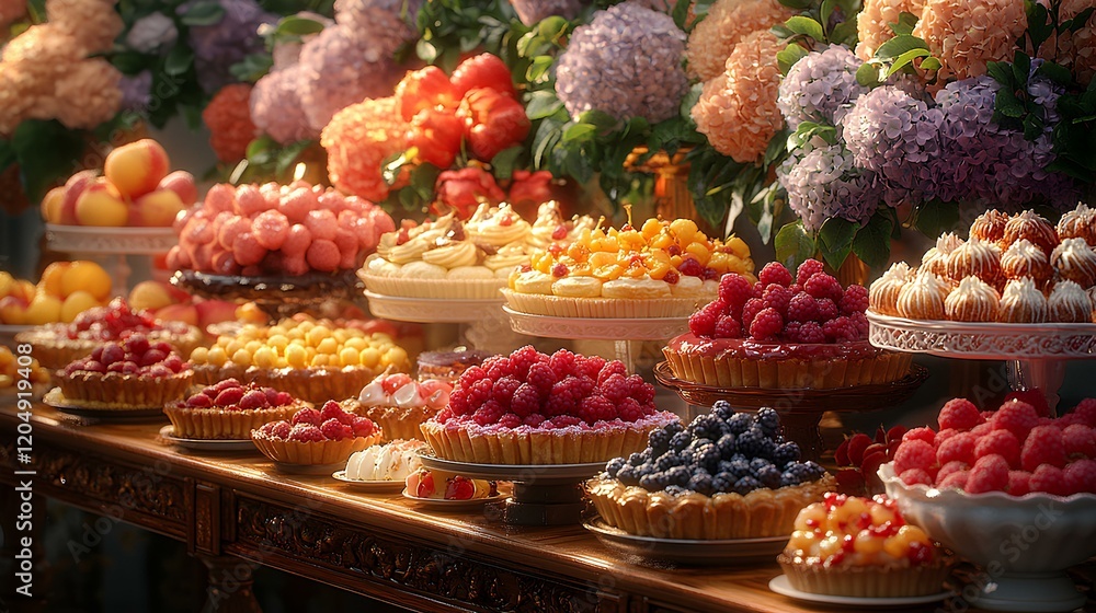 Photorealistic Dessert Table Displaying an Array of Exquisite Pastries and Elegant Decor Photorealistic Dessert Table Displaying an Array of Exquisite Pastries and Elegant Decor