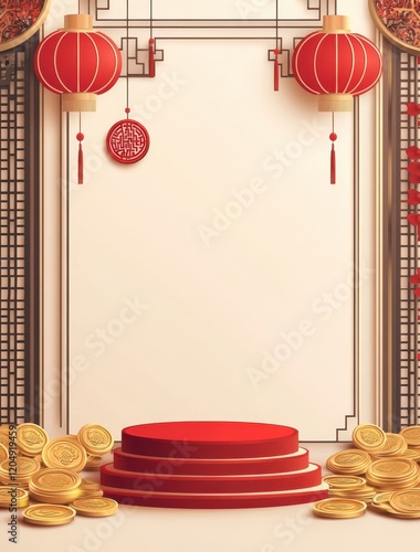 Chinese Architecture Background with Lanterns and Stacked Gold Coins