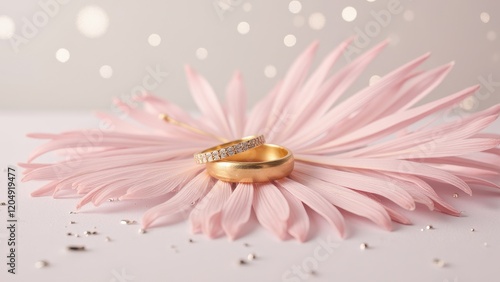 Golden wedding bands rest delicately atop a radiant pink daisy, its petals fanned gracefully, capturing the essence of timeless love amidst natural elegance photo