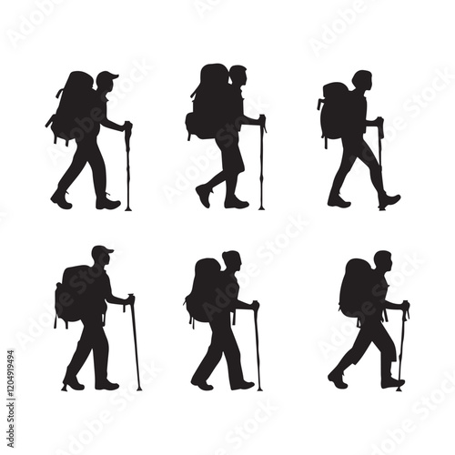 Set of silhouette of Hiking man. hikers with rucksacks and backpack silhouette.