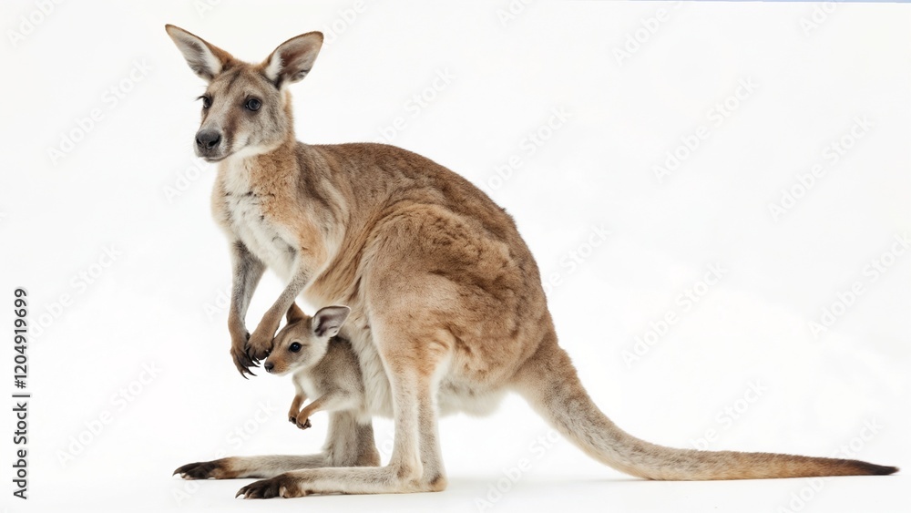 Endearing kangaroo with joey peeking out from pouch against white background Endearing kangaroo with joey peeking out from pouch against white background