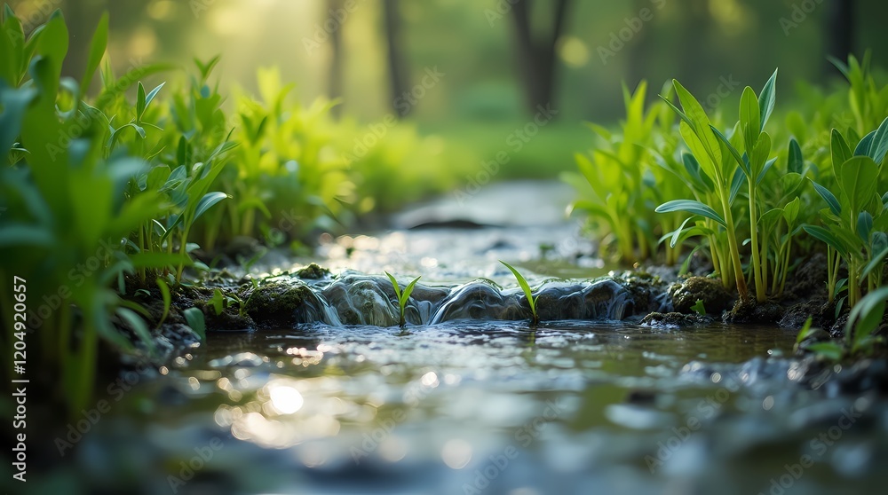 Fototapeta premium Close up of fresh water stream with young green plants