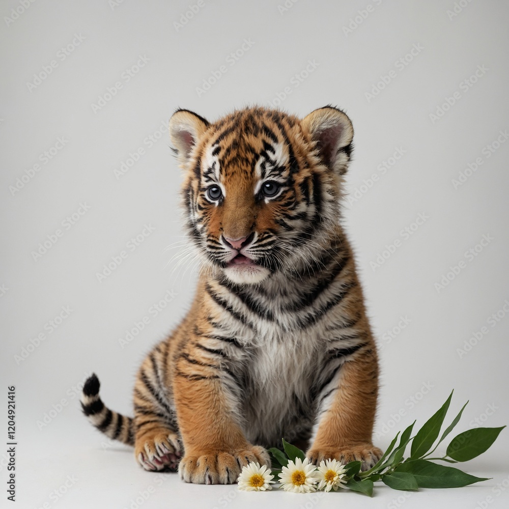 Obraz premium A cute baby tiger seated beside a blooming flower, with a plain white background.