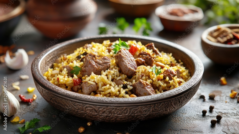 Traditional Turkish pilaf with rice, lamb, and nuts. Featuring a flavorful and aromatic dish. Highlighting the texture and spices of the pilaf and lamb. Ideal for food and cultural themes. Traditional Turkish pilaf with rice, lamb, and nuts. Featuring a flavorful and aromatic dish. Highlighting the texture and spices of the pilaf and lamb. Ideal for food and cultural themes.