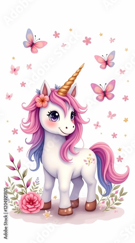 Cute unicorn on white background. Watercolor illustration