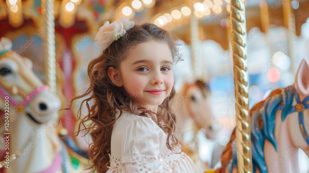 A charming young girl with curly hair smiles sweetly while riding a carousel, embodying innocence and joy in a playful atmosphere A charming young girl with curly hair smiles sweetly while riding a carousel, embodying innocence and joy in a playful atmosphere