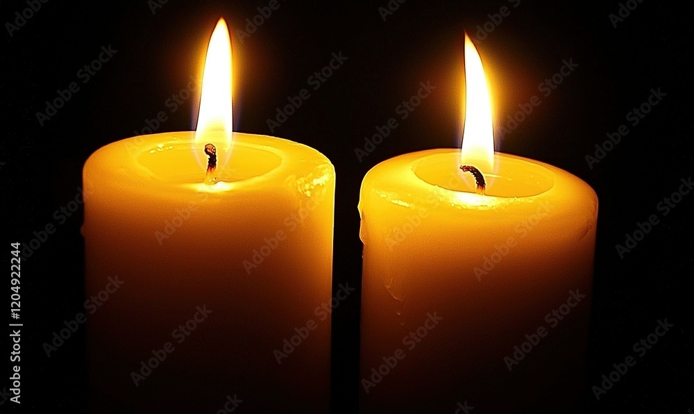 Two lit candles glowing in dark background, creating warm ambiance Two lit candles glowing in dark background, creating warm ambiance