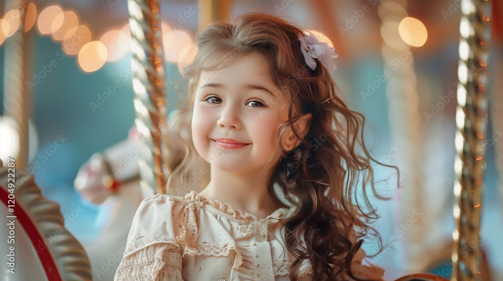 A cheerful young girl smiling while riding a carousel horse, surrounded by colorful lights, evoking joy and childhood innocence A cheerful young girl smiling while riding a carousel horse, surrounded by colorful lights, evoking joy and childhood innocence