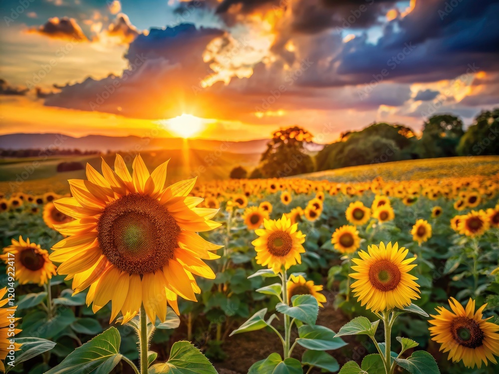 Fototapeta premium Sunset Sunflowers Tilt-Shift Miniature Field Photography