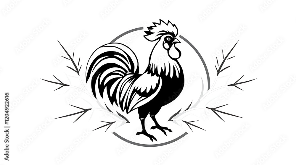 Rooster illustration in circle with leaves. Rooster illustration in circle with leaves.