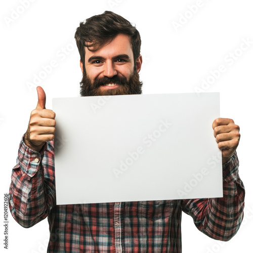 Happy Bearded Man Holding Blank Sign Giving Thumbs Up photo