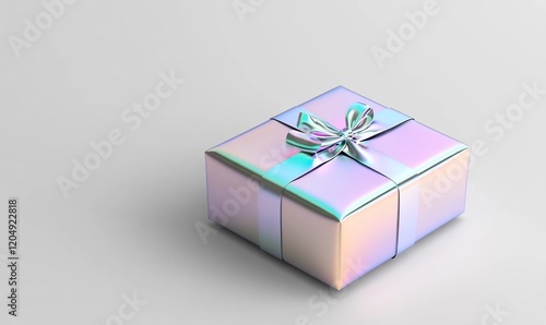 Iridescent gift box, bow, white background, celebration