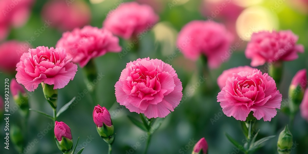 Magenta carnation blossoms closeup fresh vibrant lush green background Magenta carnation blossoms closeup fresh vibrant lush green background