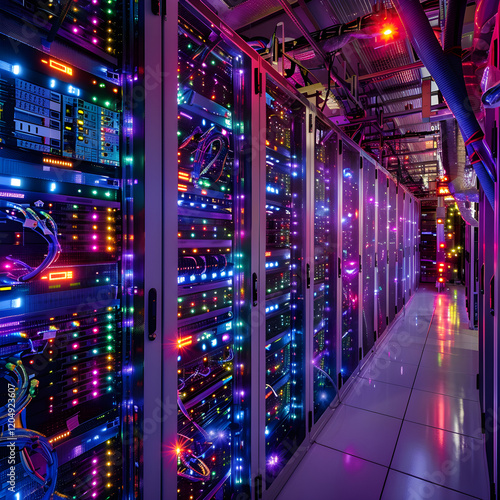High Tech Server Room in Action: A Data Center Full of Life with a Labyrinth of Cables