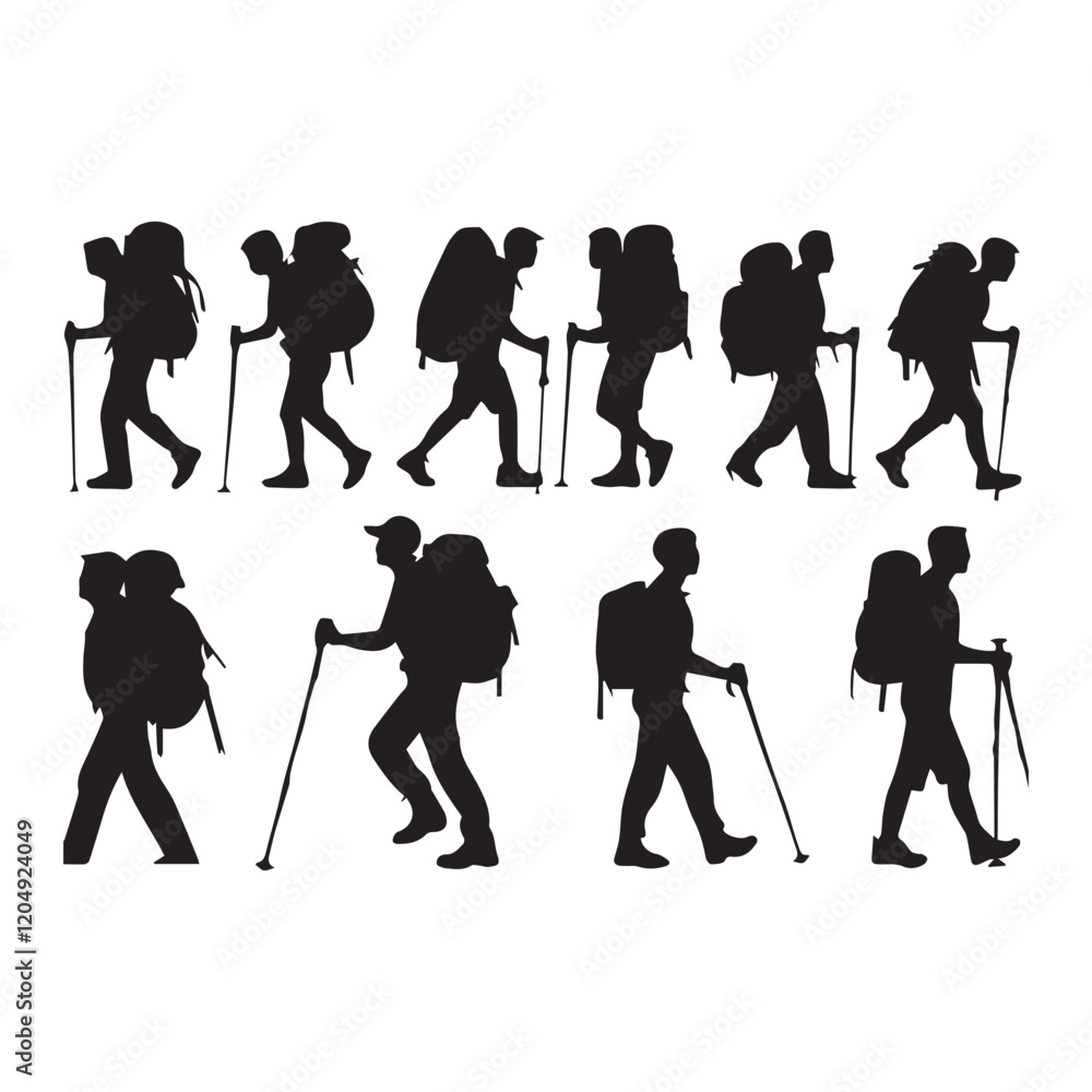 Obraz premium Set of silhouette of Hiking man. hikers with rucksacks and backpack silhouette.