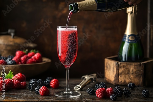 A bartender pouring champagne into a flute glass, with cassis liqueur visible at the bottom.Kir royale.Classic kir royale.Champagne cocktail.Sparkling wine cocktail.