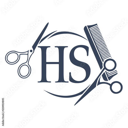 Minimalist Barbershop Logo Design – HS Monogram with Scissors and Comb Illustration in Vintage Style, Circular Composition, Navy Blue on White Background for a Clean, Professional Haircut Symbol