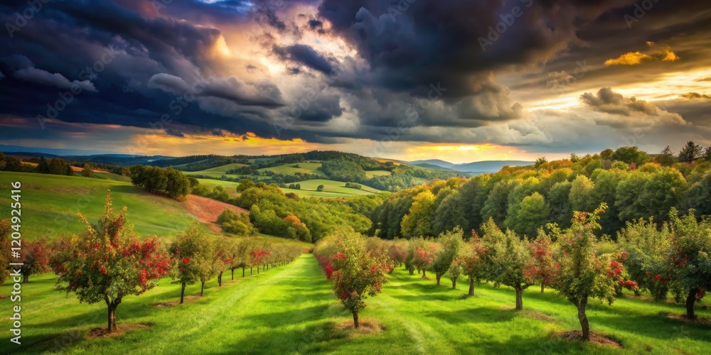 Fototapeta premium Tilt-Shift Apple Orchard Dramatic Cloudscape - Miniature Photography