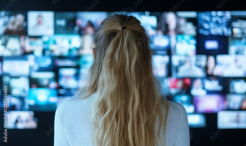 Woman viewing video wall, content streaming, digital media, data visualization, technology Woman viewing video wall, content streaming, digital media, data visualization, technology