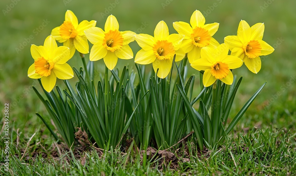 Fototapeta premium Yellow daffodils blooming in a garden with green grass background