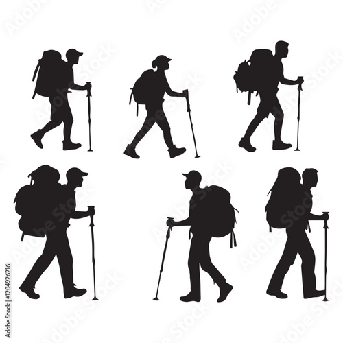 Set of silhouette of Hiking man. hikers with rucksacks and backpack silhouette.