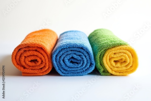 A neatly arranged set of rolled microfiber cloths, each in a different vibrant color
