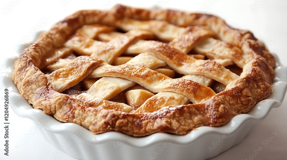 A Close-Up of a Golden-Brown Apple Pie in a White Dish A Close-Up of a Golden-Brown Apple Pie in a White Dish