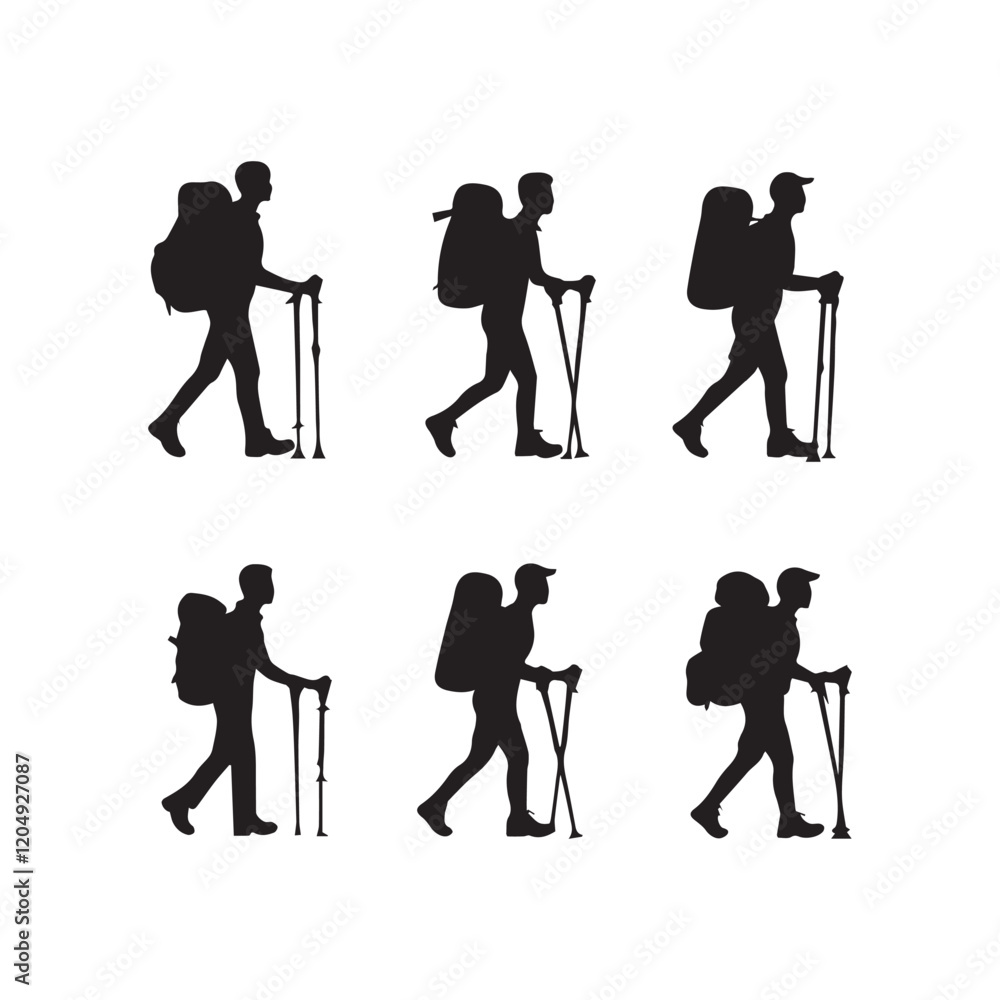 Obraz premium Set of silhouette of Hiking man. hikers with rucksacks and backpack silhouette.