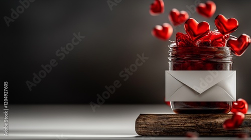 Romantic red hearts playfully float from glass jar with love letter. AI Generated