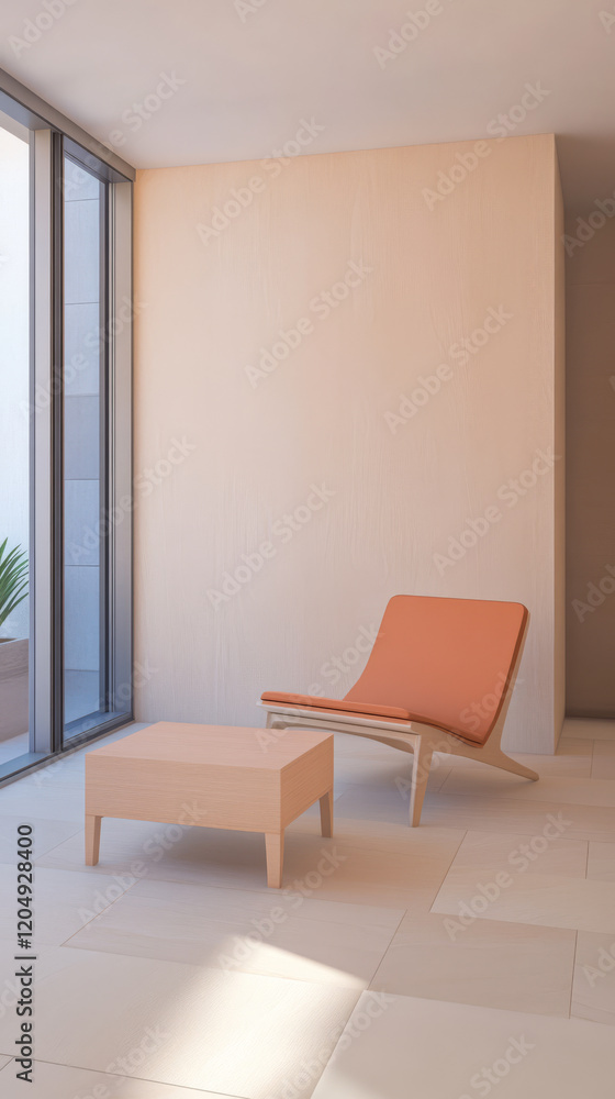 Modern minimalist interior featuring an orange lounge chair and coffee table in bright space Modern minimalist interior featuring an orange lounge chair and coffee table in bright space