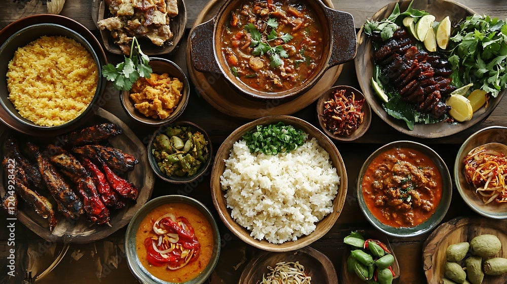 Fototapeta premium A Rustic Table Spread of Various Indonesian Dishes