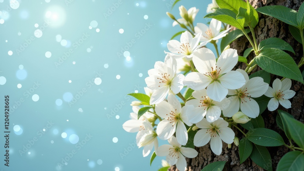 Fototapeta premium Close-up, eye-level glimpse of delicate white cherry blossoms, centered amidst lush green stems and leaves under a soft sky. Their ethereal beauty captures spring's essence perfectly
