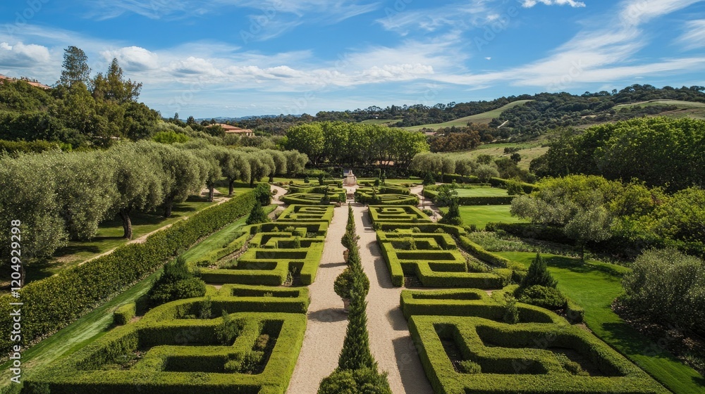 A beautiful hedge maze with perfect geometric shapes, offering a serene and enchanting view from above. A beautiful hedge maze with perfect geometric shapes, offering a serene and enchanting view from above.