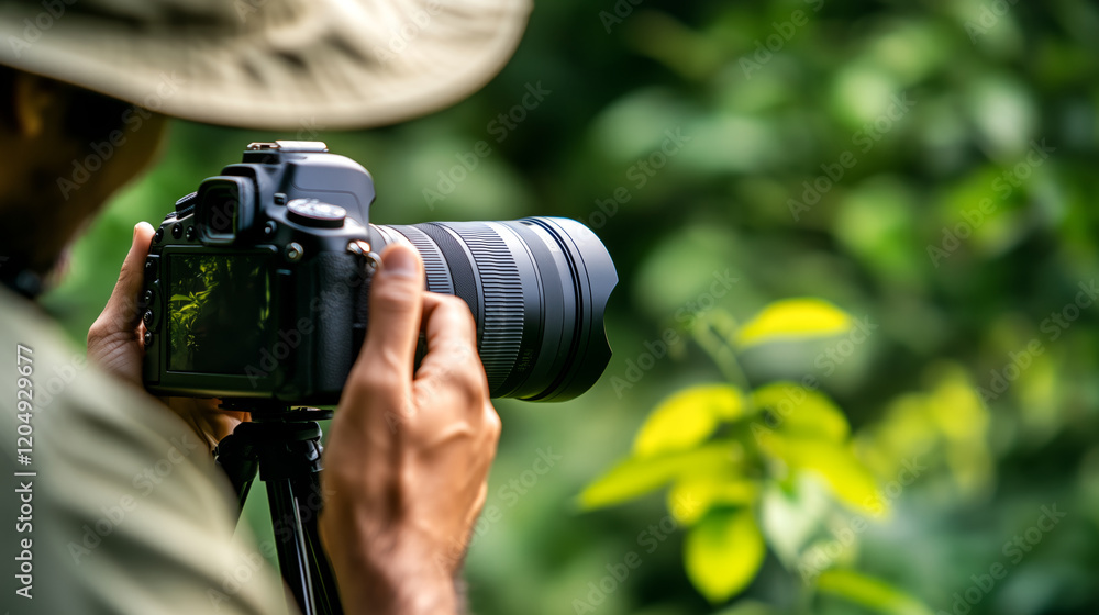Fototapeta premium photographer capturing nature with camera on tripod, showcasing artistic passion