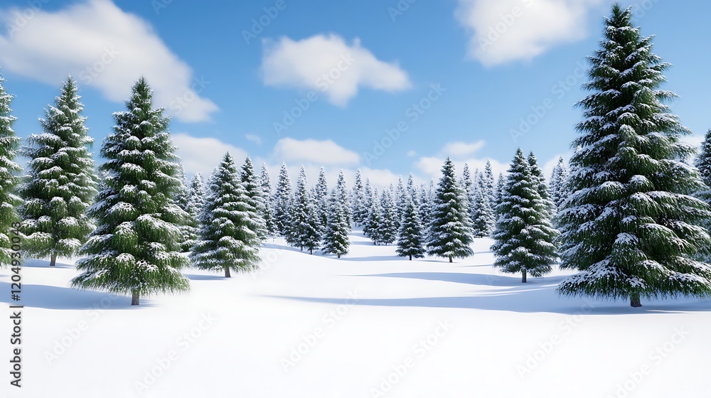 Fototapeta premium Snowy winter forest landscape with evergreen trees