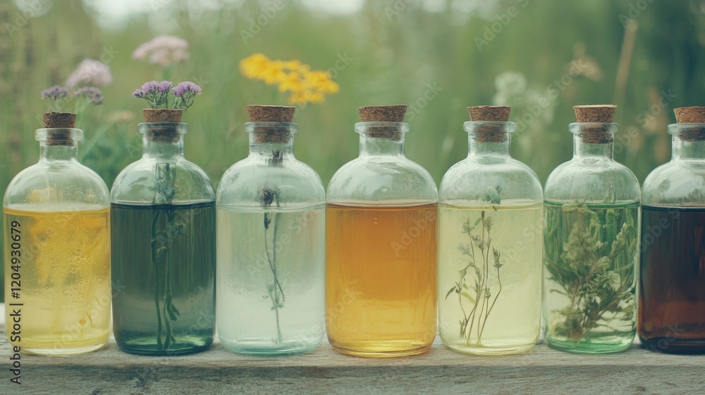 Glass bottles filled with herbal essential oils sit outdoors surrounded by lush greenery and colorful wildflowers under natural light Glass bottles filled with herbal essential oils sit outdoors surrounded by lush greenery and colorful wildflowers under natural light