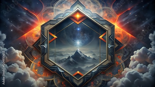 Celestial Emblem in Metallic Orange and Gold with Cosmic Landscape