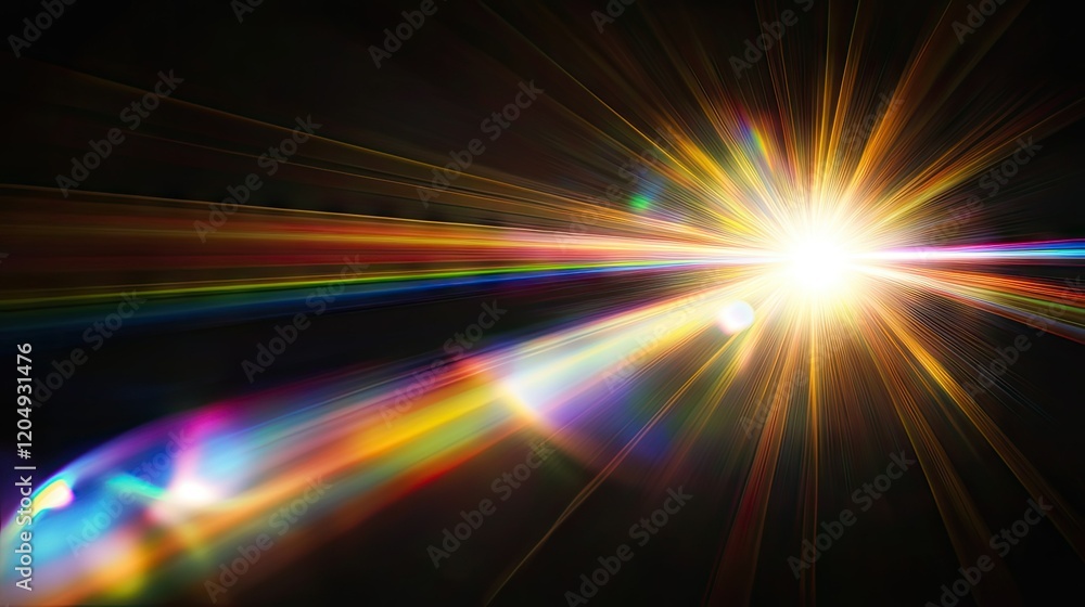 A circular sun flare emitting intense light beams and rainbow-like refractions on a black surface. A circular sun flare emitting intense light beams and rainbow-like refractions on a black surface.