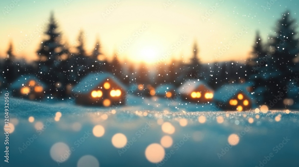 Fototapeta premium Cozy homes are adorned with sparkling lights as snowflakes gently fall, capturing the essence of winter at dusk in a charming village