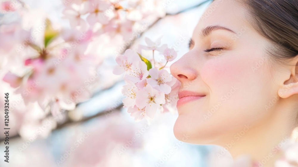 A woman sneezes while surrounded by abundant cherry blossom flowers in a sunny spring landscape, enjoying the seasonal beauty A woman sneezes while surrounded by abundant cherry blossom flowers in a sunny spring landscape, enjoying the seasonal beauty