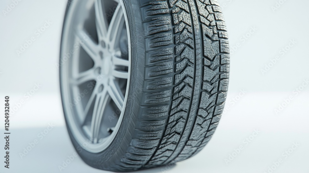 Naklejka premium A close-up of a single car tire with intricate tread patterns, isolated on a white surface for emphasis.