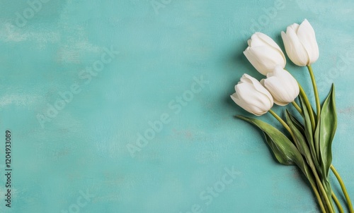 Fresh white tulips are arranged stylishly against a bright blue background, creating a vibrant and elegant floral aesthetic photo