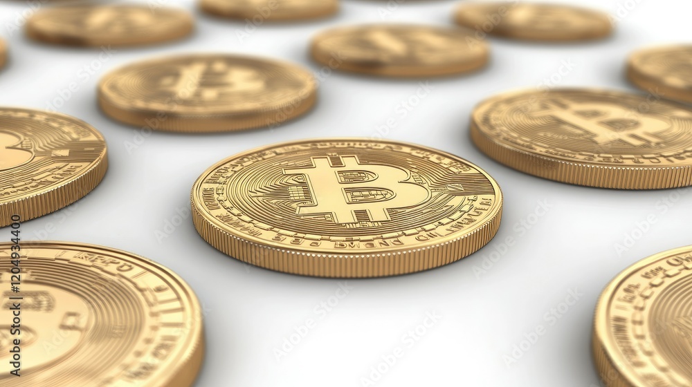 A collection of shiny golden bitcoin coins, with one prominently displayed in the foreground on a white backdrop. A collection of shiny golden bitcoin coins, with one prominently displayed in the foreground on a white backdrop.